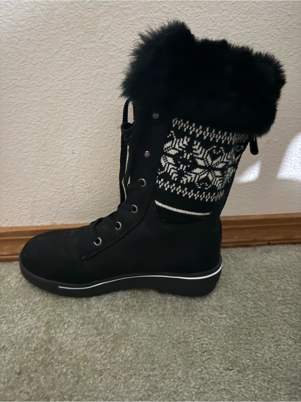 Northside Black Winter Lace-Up Boots with Knit Snowflake Cuff